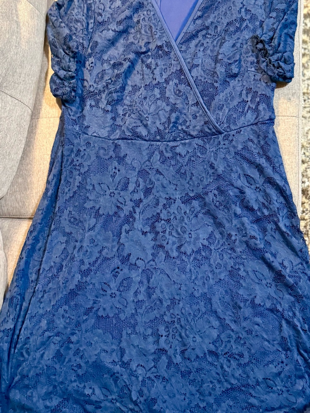 SHEIN Cottage Wedding Navy Floral Lace Midi Wrap Dress